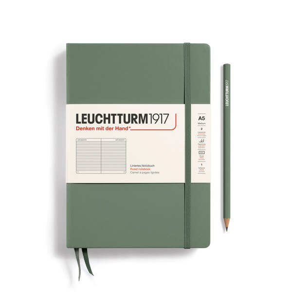 An olive green colored hardcover notebook.